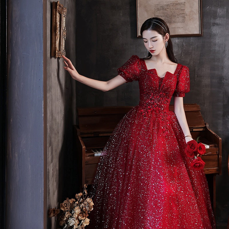 Burgundy toasting dress bride 2025 new spring New wedding return gauze skirt light luxury banquet evening dress