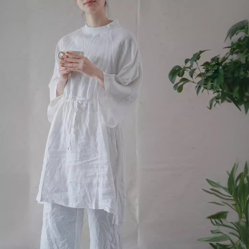 casual literary linen loose drawstring dress, light sports zen wide-sleeved linen robe L21072