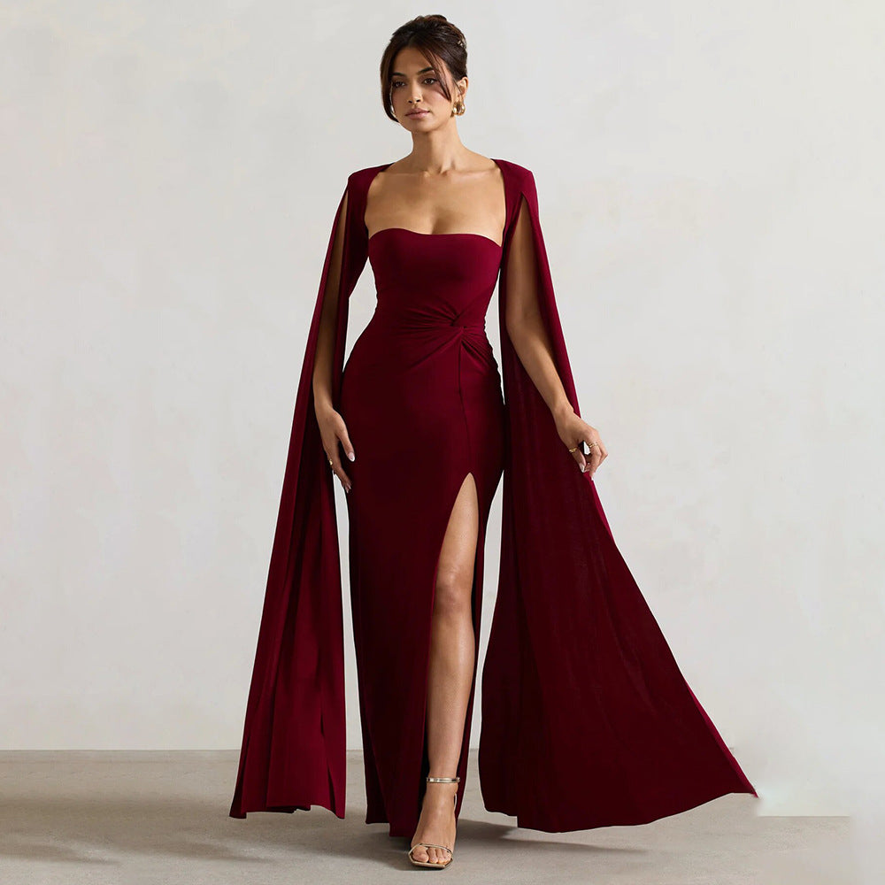 2025 New popular new dress square collar mopping floor long sleeve high split end solid color sexy dress