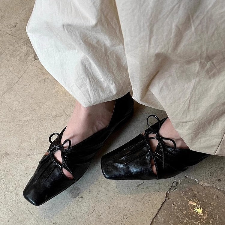 2025 Sheepskin version~ niche design pleated hollow square head Mary Jane shoes leather bow flat shoes