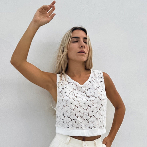XAKXX 2025 new lace hollow jacquard short vest 2025 spring and summer simple leisure commuting versatile cross-border