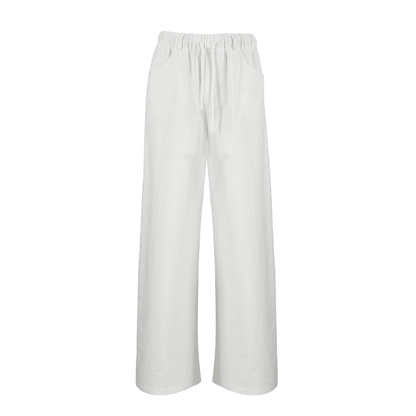 XAKXX 2025 fashion casual temperament, white loose pure cotton lace-up mid-waist versatile wide-footed pants, autumn and winter classic trousers