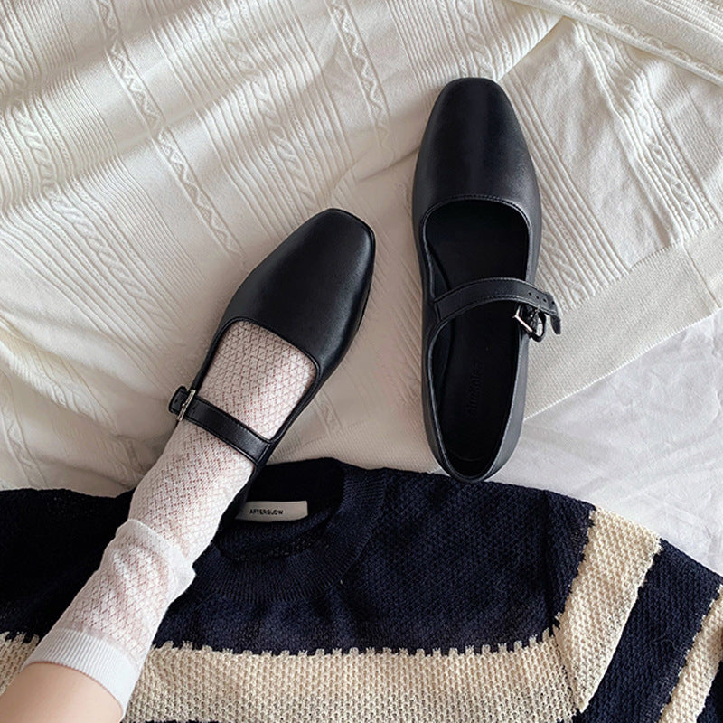 2025 Cowhide version~ Grape mother same soft-soled Mary Jane single shoes women's shoes one-word buckle belt shallow mouth flat shoes small leather shoes
