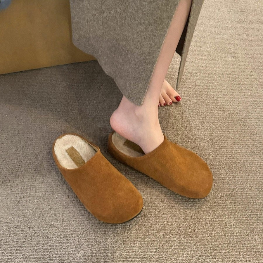 2025 3CM inner height increase~ velvet Birkenstocks thick-soled half-drag, autumn and winter new models one-pedal lazy bag head half-drag