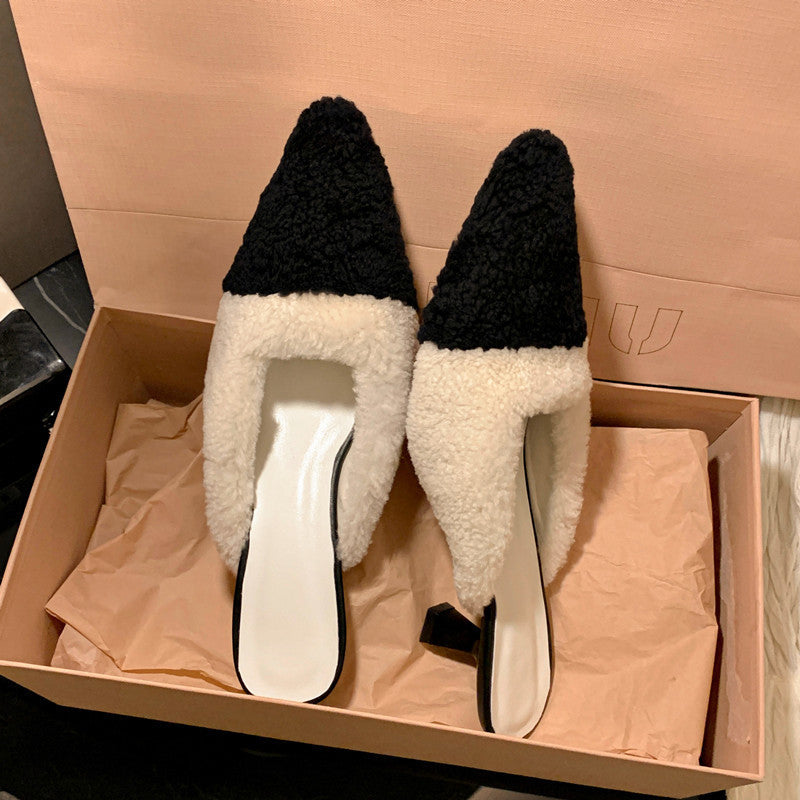2025 Xiaoxiang fluffy slippers women's wear popular winter color matching velvet high-heeled bag head evening wind half slippers