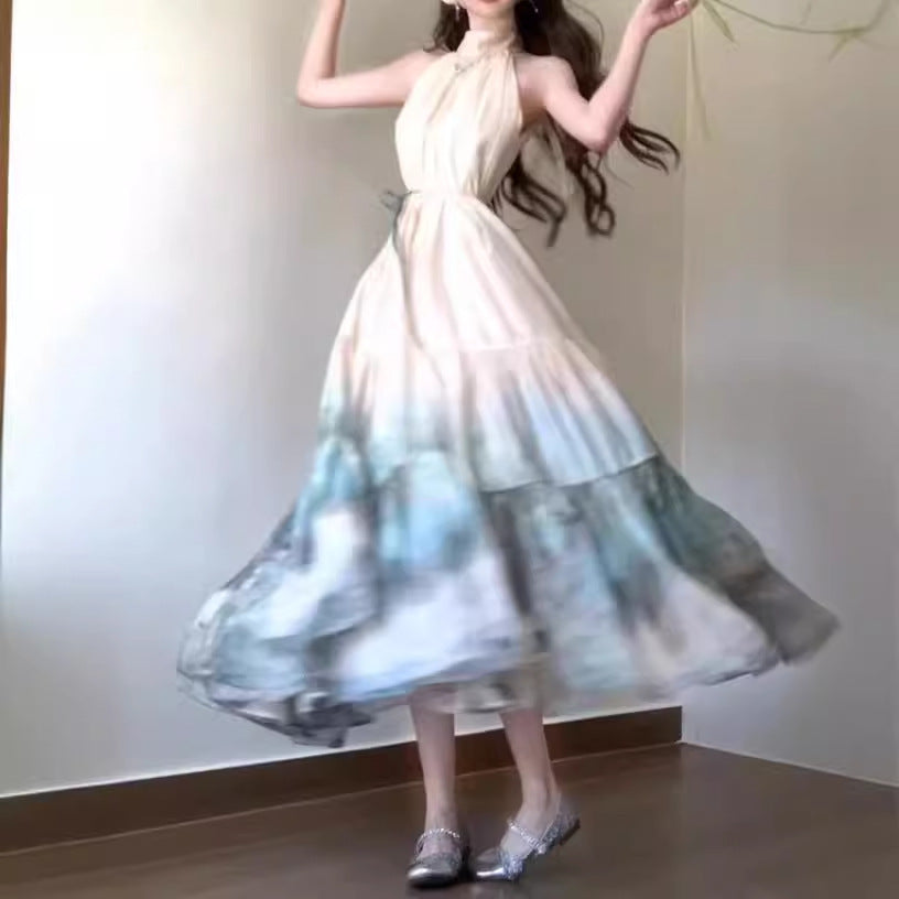 2025 New Chinese style smudge print dress summer neck super fairy long dress vacation pendulum fairy dress
