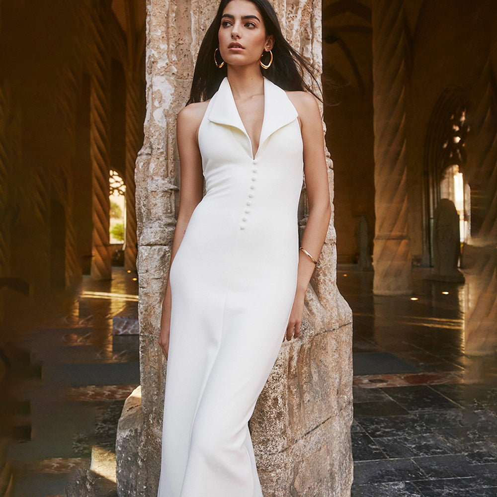 2025 New autumn new neck lapel hip-wrapped long dress fashionable and sexy sleeveless backless slim dress