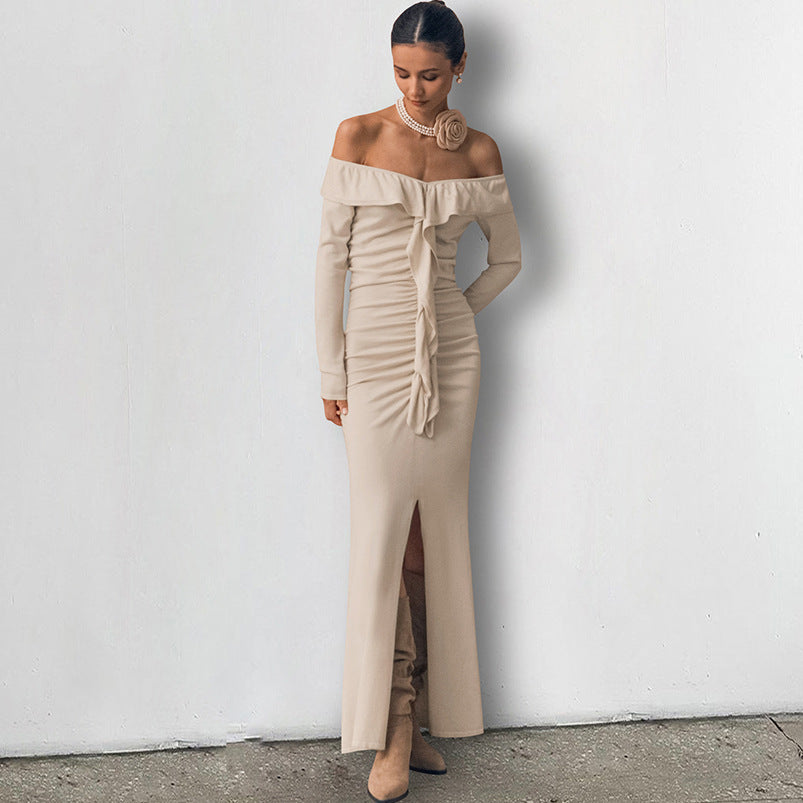 XAKXX 2025Slim-fit ruffle edge dress popular autumn and winter high-end sense khaki one-word neck tube top open fork fish tail long dress women