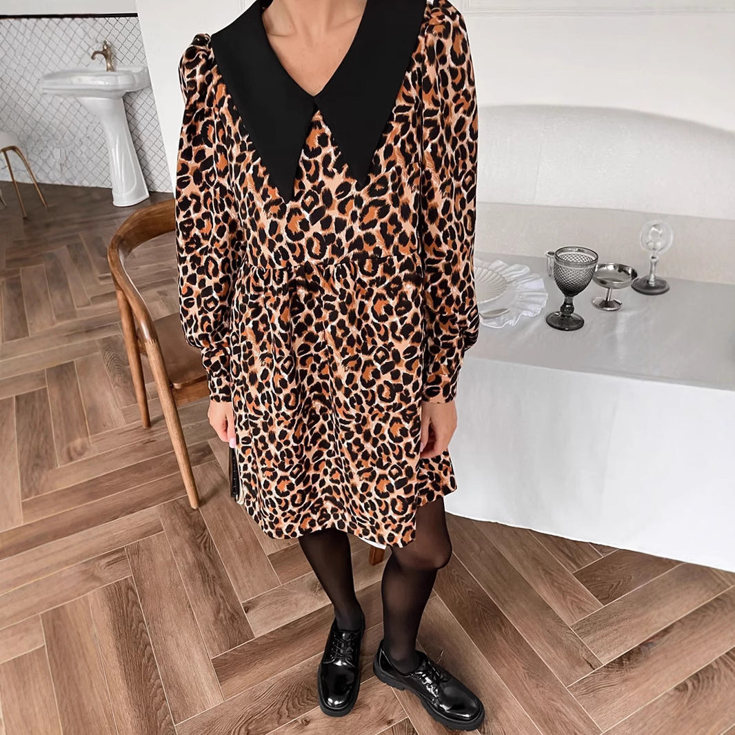XAKXX 2025 spring new leopard print lapel splicing dress 2025 fashion cross-border wholesale loose short skirt women