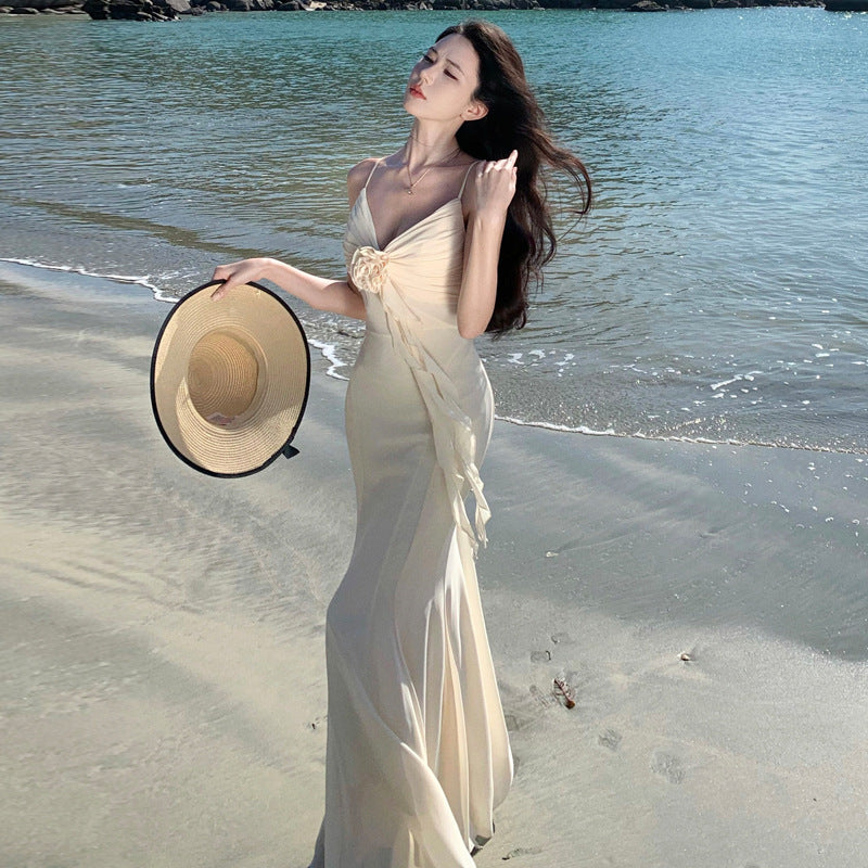 2025 Beautiful Royal Sister Suspender Dress Women's Summer Sexy Flowers Seaside Vacation Fishtail Hip Bag Dress