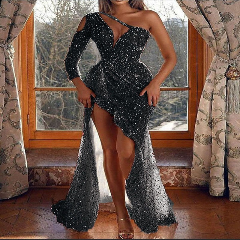 XAKXX Feminine light luxury celebrity sexy dress high split leg sequined evening dress 2025 single shoulder fashion women's skirt