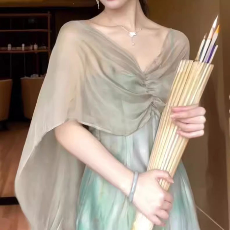 2025 New Chinese oil painting fake two-piece dress women's summer popular new chic shawl medium and long split skirt