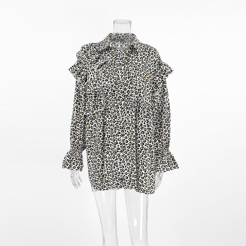 XAKXX Spring and summer sexy design leopard print cotton and linen loose shirt 2025 classic ruffle edge casual shirt women's clothing