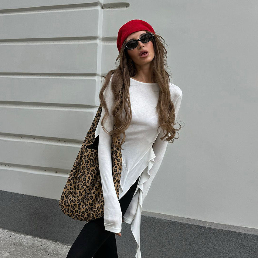 XAKXX 2025 Russian spring and summer irregular sexy design sense white knitted round neck slim and thin women's T-shirt