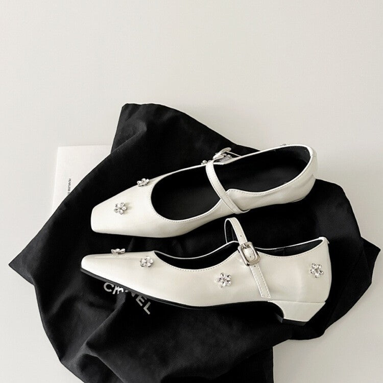 2025 Sheepskin version~ rhinestone flower one-word buckle light mouth thick heel single shoes women's gentle temperament square head Mary Jane shoes
