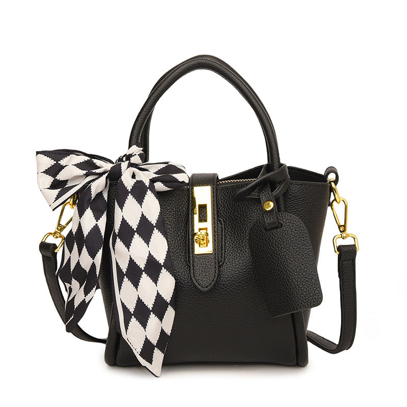 XAKXX 2025 New Fashion Silk Scarf Portable Bucket Bag Women's Bag High-end Litchi Pattern One Shoulder Crossbody Simple Mother and Child Bag