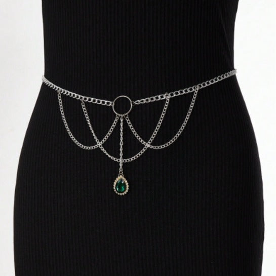 3418 2025 New new waistchain green crystal gemstone pendant multi-layer waist chain waist jewelry body chain