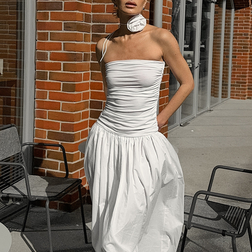 XAKXX 2025Autumn white temperament off-the-shoulder suspender slim tube top low-rise slim dress 2025 fashion flower dress
