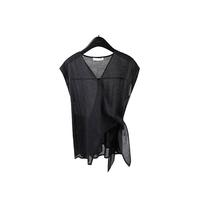 2025 Ramie Tencel Cross Design Sense Shirt 2025 Thirteen Lines Summer New Shirt Women's T5059X