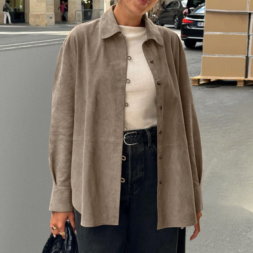 XAKXX 2025 spring and summer retro style khaki knitted suede loose lapel shirt sleeves 2025 niche versatile shirt women