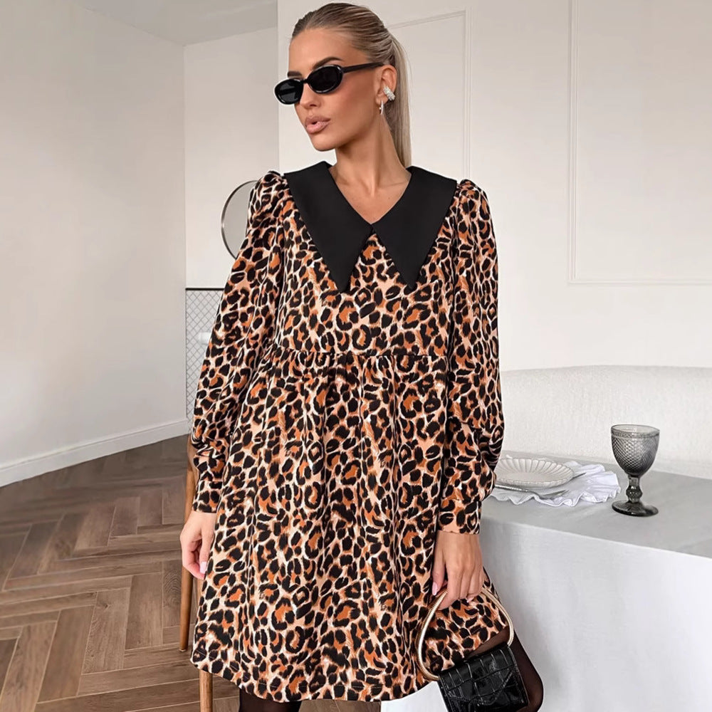 XAKXX 2025 spring new leopard print lapel splicing dress 2025 fashion cross-border wholesale loose short skirt women
