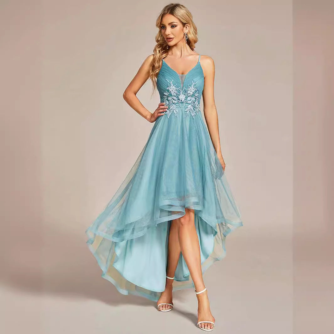 2025 popular autumn new 2025 dresses deep V simple front short rear long mesh yarn annual meeting bridesmaid dance evening dress