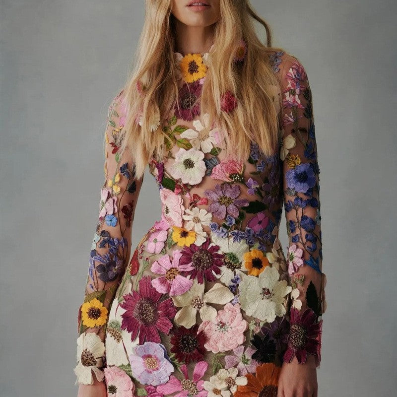 2025 direct sales New 2025 three-dimensional flower mesh lace embroidery hip-wrapped slim-fitting sexy dress