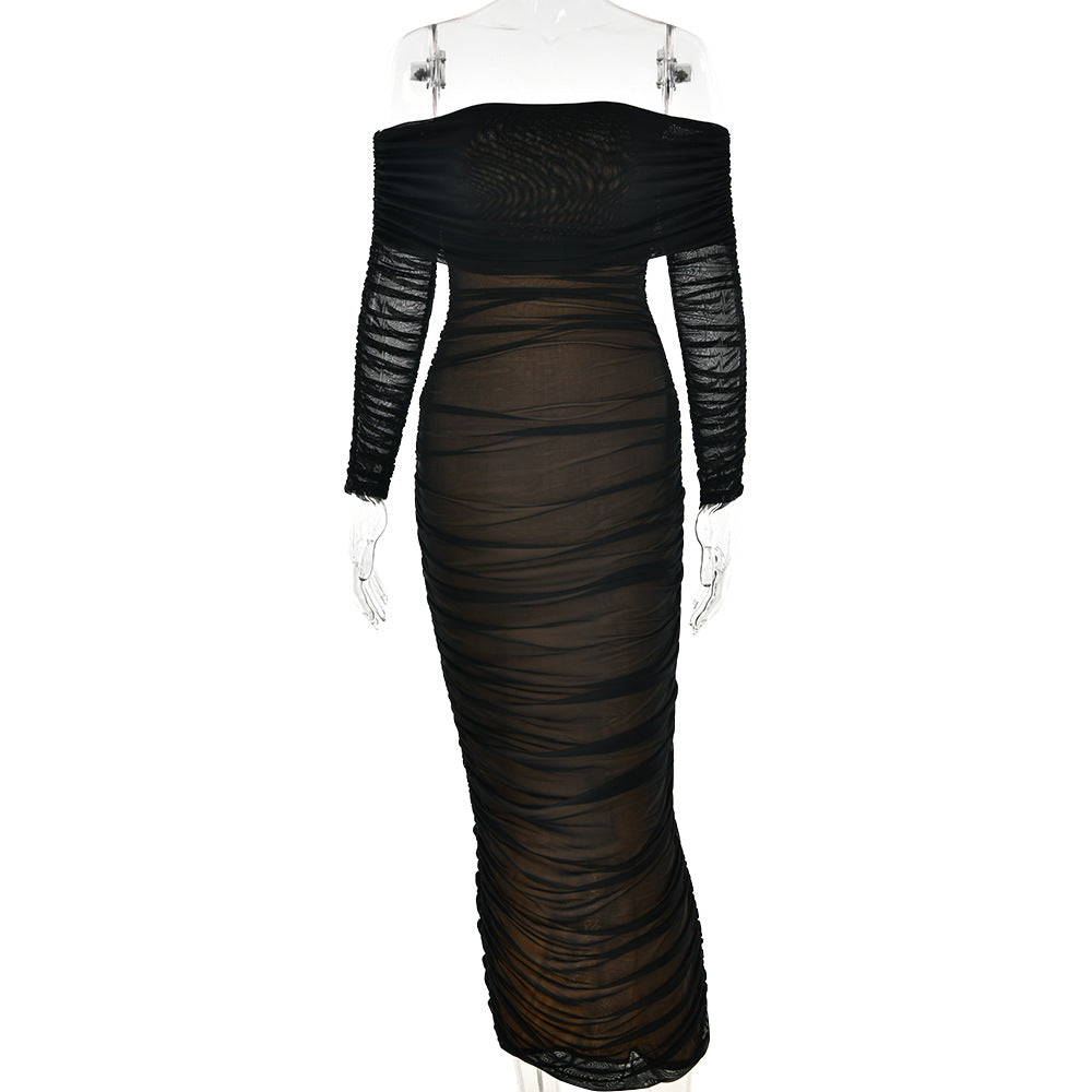 2025 New new mesh one-word shoulder pleated dress Popularan beautiful woman decoration body long-sleeved hip-wrapped dress