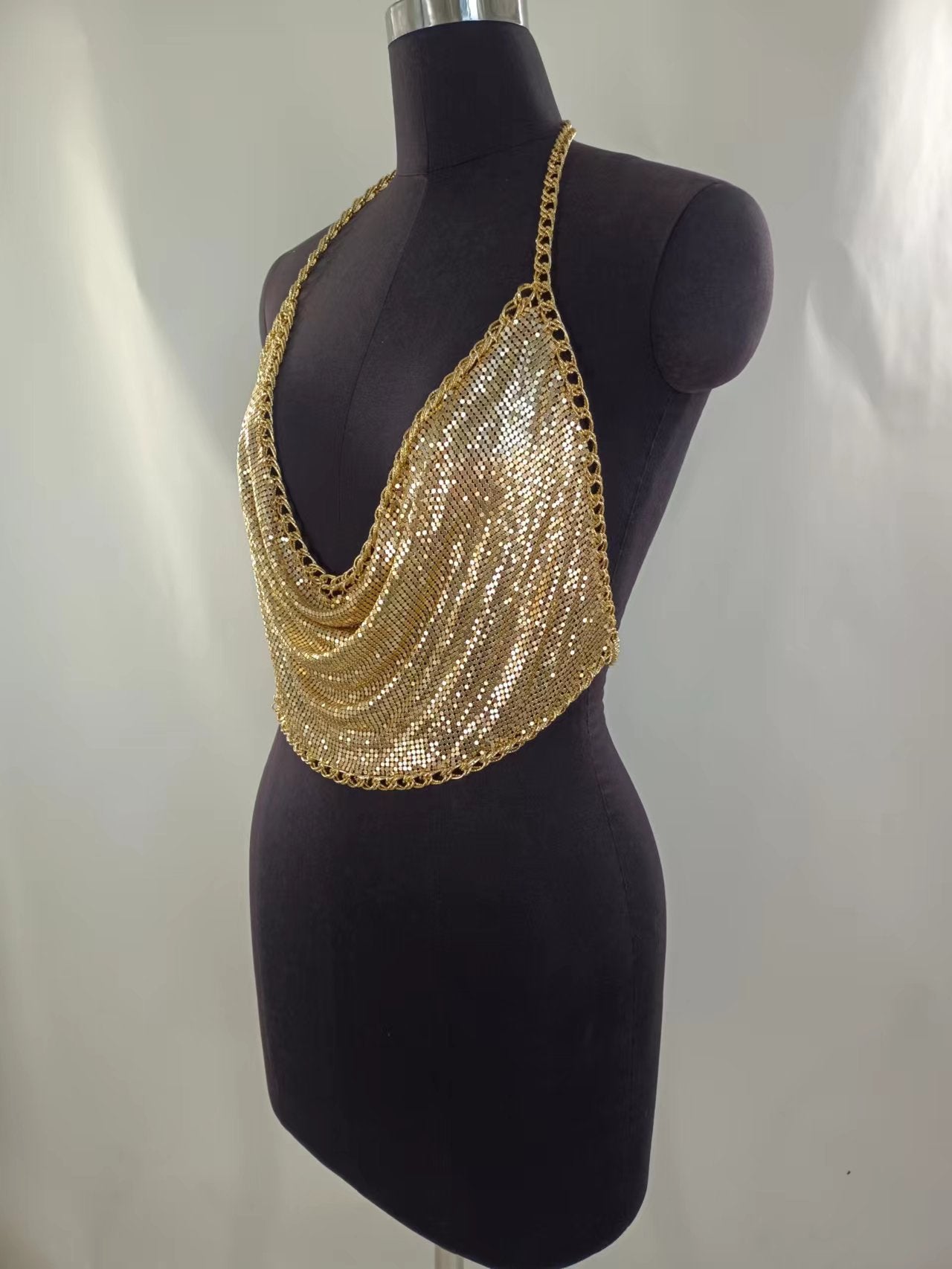 2025 MW3206 vest rhinestone inlaid sequins flat sheet metal chain splicing V-neck neck top small vest