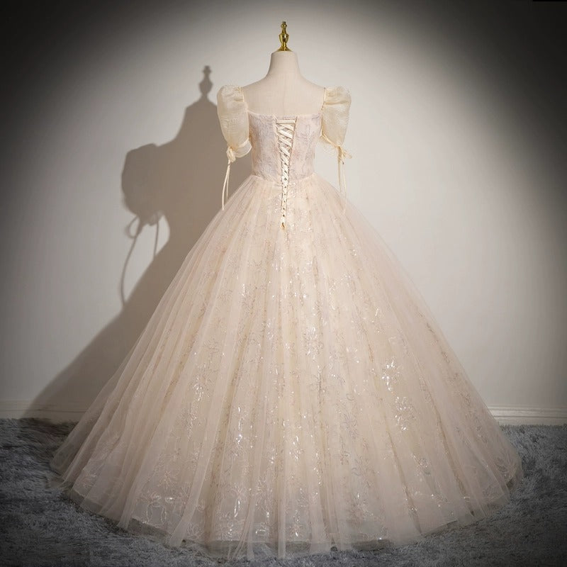 Champagne evening dress spring new elegant bubble sleeve princess dress tutu skirt bar mitzvah student art exam dress