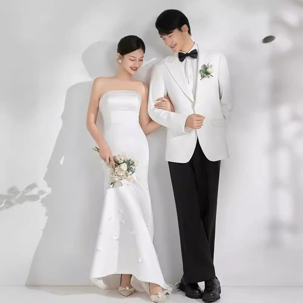 2025 tube top light wedding dress bridal travel photography simple high-end satin door yarn fishtail dress temperament small trailing