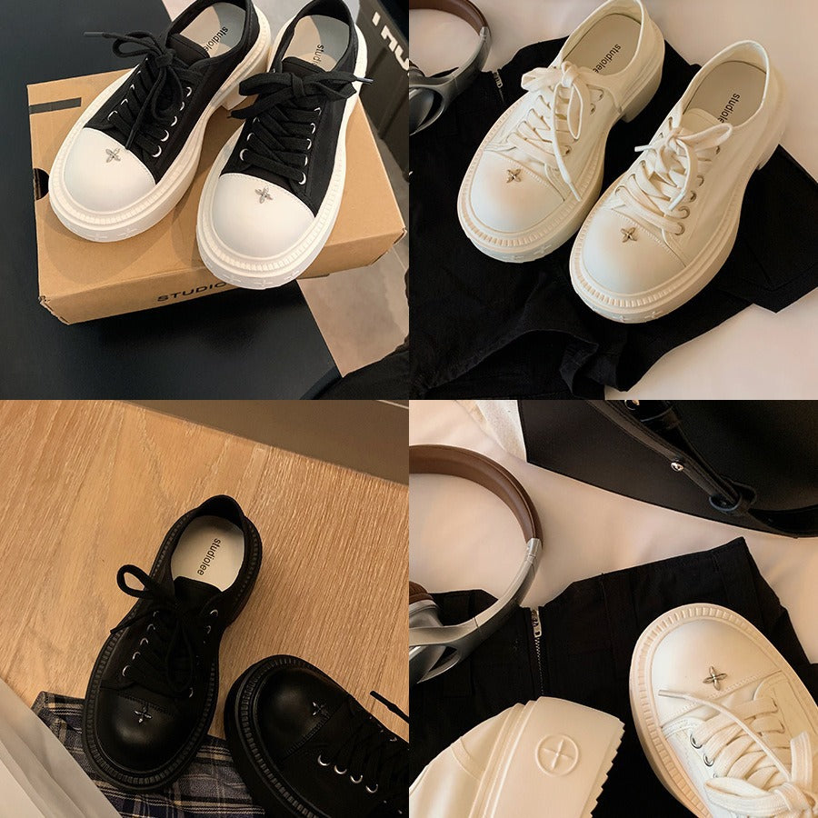 2025 Sheepskin version~ Grape mother, the same style, large round head 8cm genuine leather thick-soled heightening lace-up, small white shoes, casual canvas shoes for women
