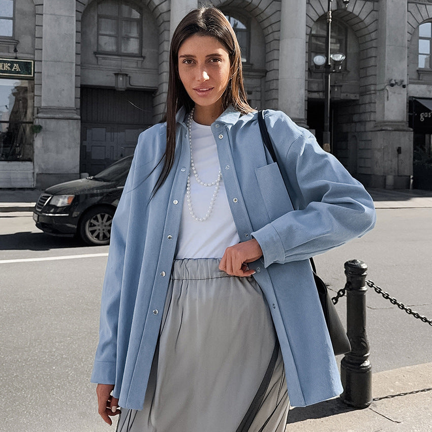 XAKXX 20252025 pure cotton versatile high-end blue coat popular autumn and winter new niche simple lazy long-sleeved top