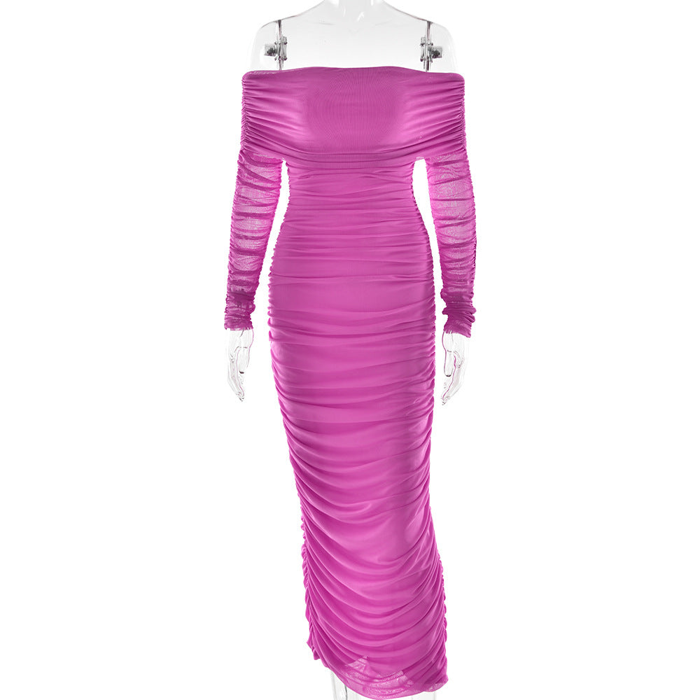 2025 New new mesh one-word shoulder pleated dress Popularan beautiful woman decoration body long-sleeved hip-wrapped dress