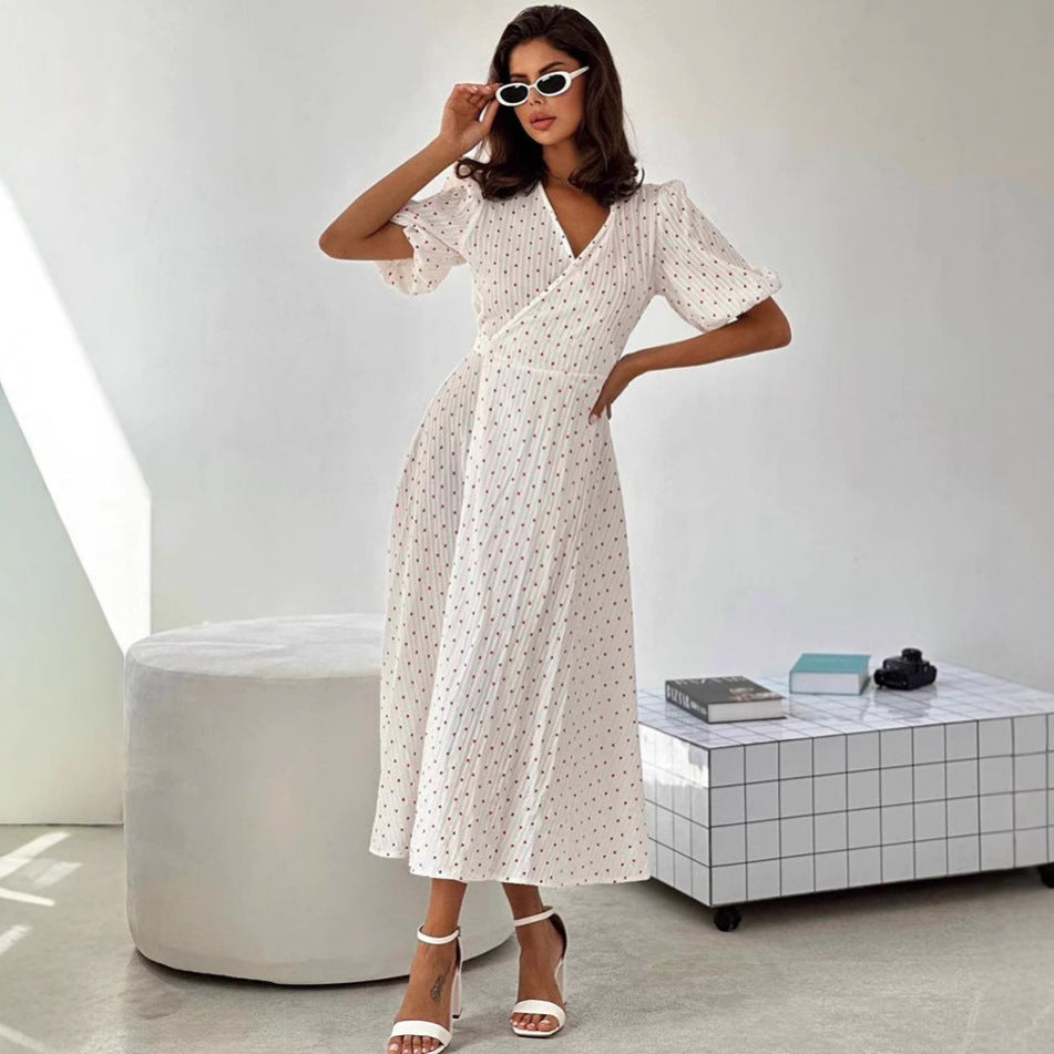XAKXX 2025 early spring new love printing V-neck apron high waist dress 2025 fashion cross-border pure cotton long dress women