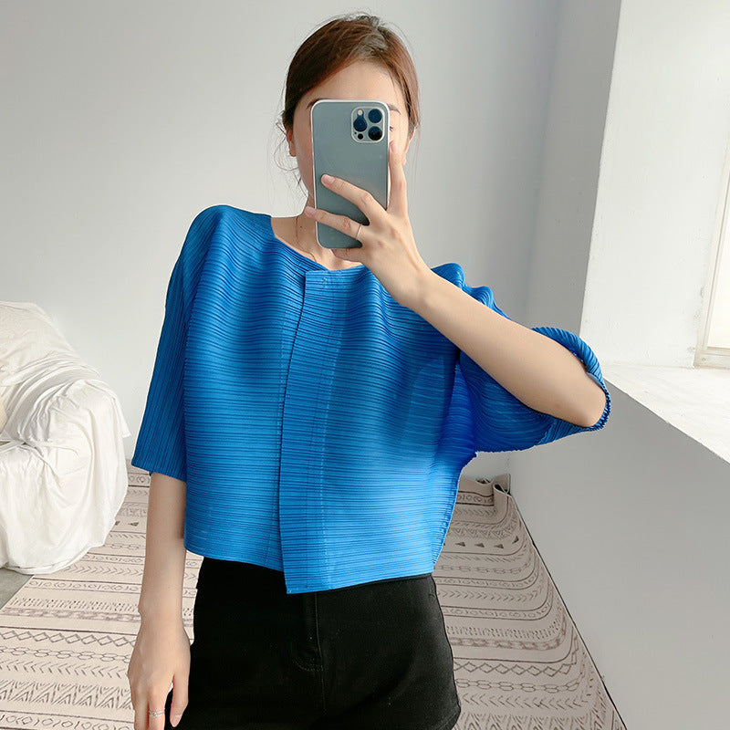 2025 women's pleated top temperament one button spring and summer new outer small cardigan five-quarter sleeve thin short coat