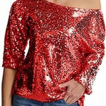 XAKXX 2025 new new loose sequin slanted shoulder short sleeve casual sequin deep V shirt