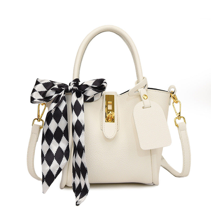 XAKXX 2025 New Fashion Silk Scarf Portable Bucket Bag Women's Bag High-end Litchi Pattern One Shoulder Crossbody Simple Mother and Child Bag