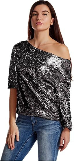 XAKXX 2025 new new loose sequin slanted shoulder short sleeve casual sequin deep V shirt