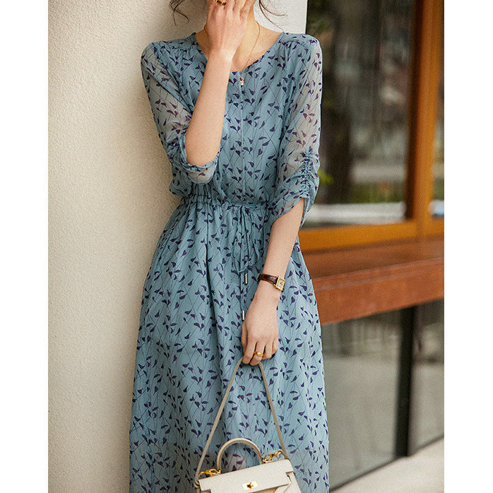 2025 Mulberry silk high-end silk dress, small floral skirt, coffee break skirt medium and long summer Hangzhou women's clothing