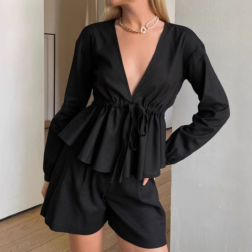 XAKXX Black V-neck cotton and linen long-sleeved hot pants set New 2025 autumn and winter fashion new wholesale two-piece set for women