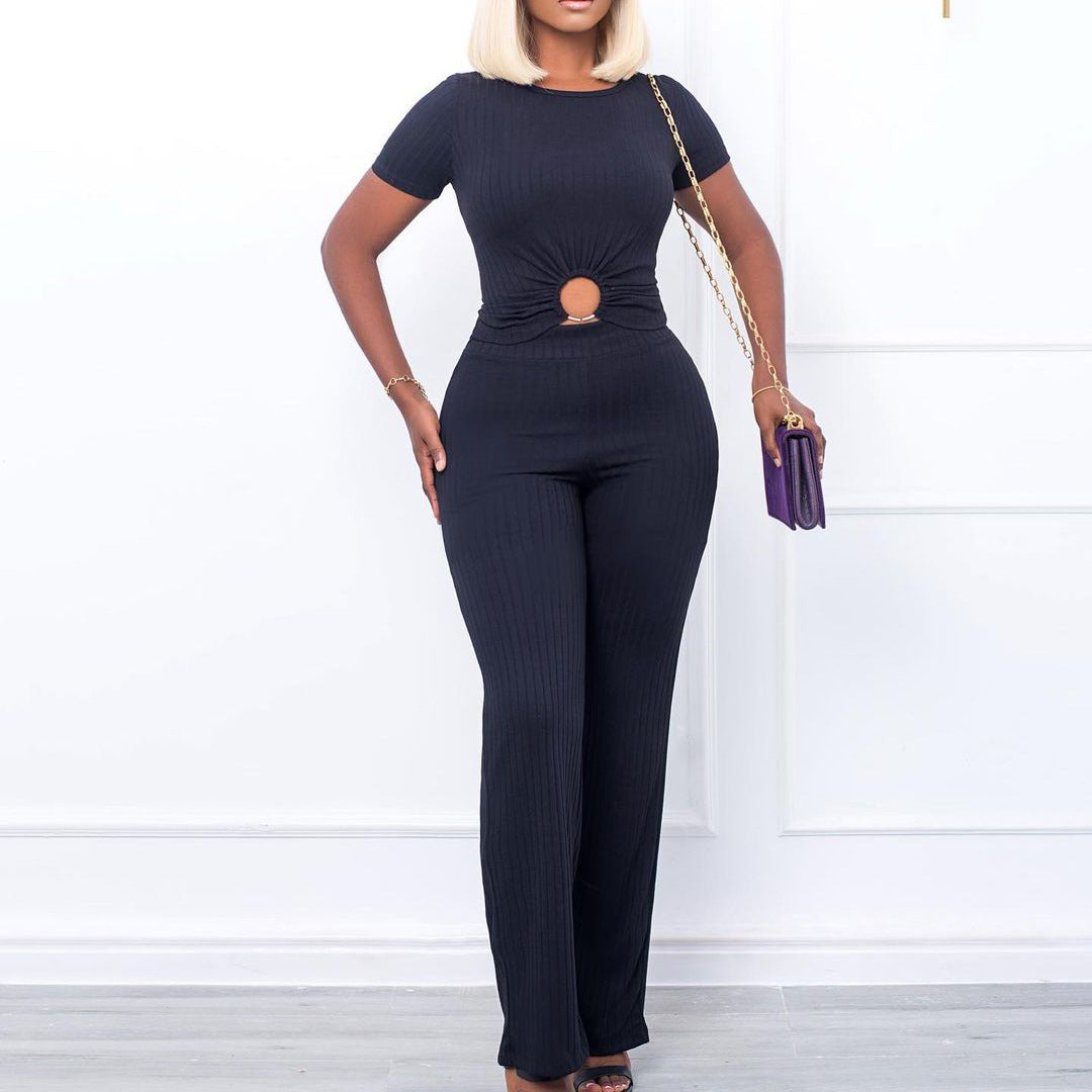2025 D277 New supply popular summer new solid color pit strip casual fashion suit 2025 two-piece set
