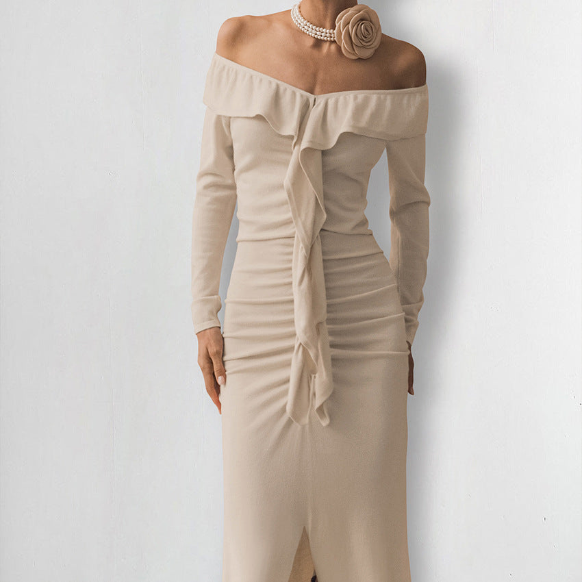XAKXX 2025Slim-fit ruffle edge dress popular autumn and winter high-end sense khaki one-word neck tube top open fork fish tail long dress women