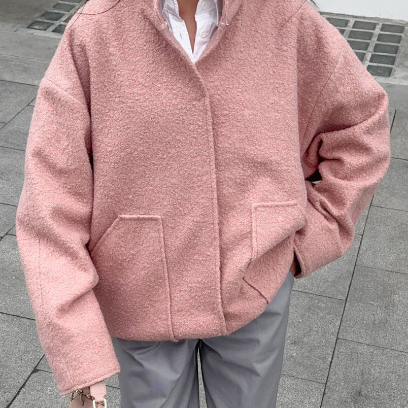 XAKXX 2025popular 2025 autumn temperament three-dimensional loose niche pink velvet small stand-up collar commuting long-sleeved jacket wholesale women