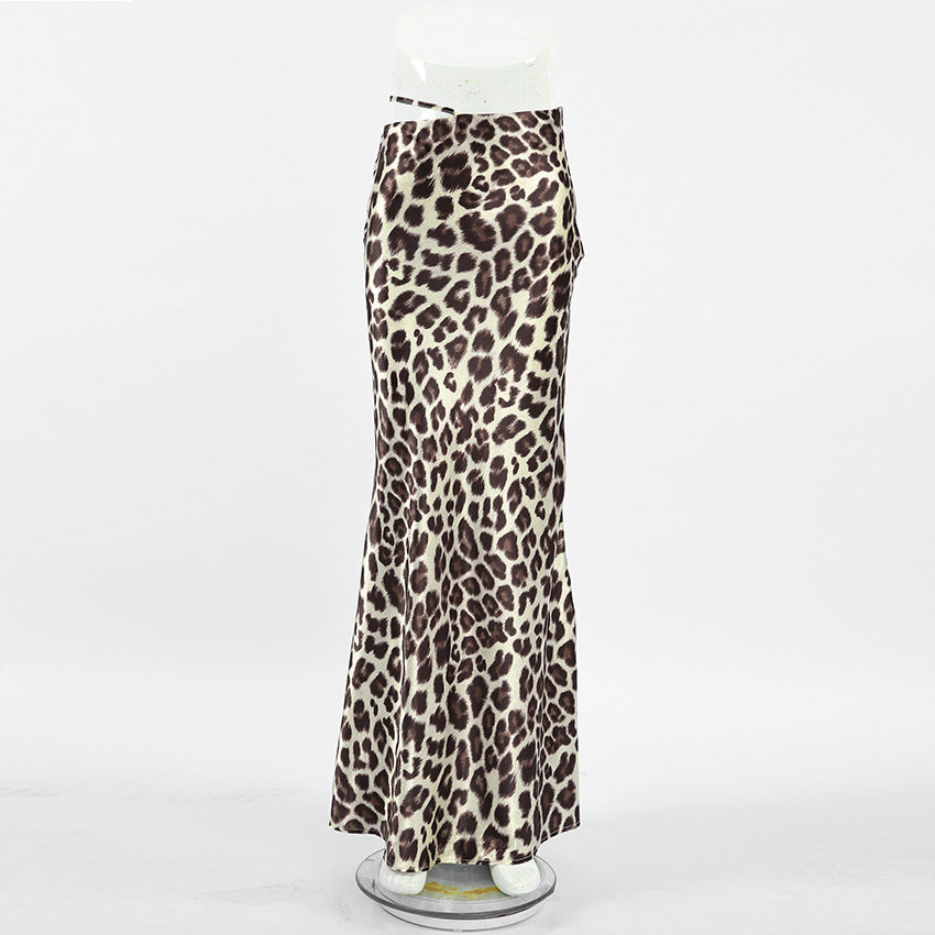 XAKXX Spring and summer new fashion thin bright satin leopard print slim slim skirt 2025 mid-waist strap-up dress