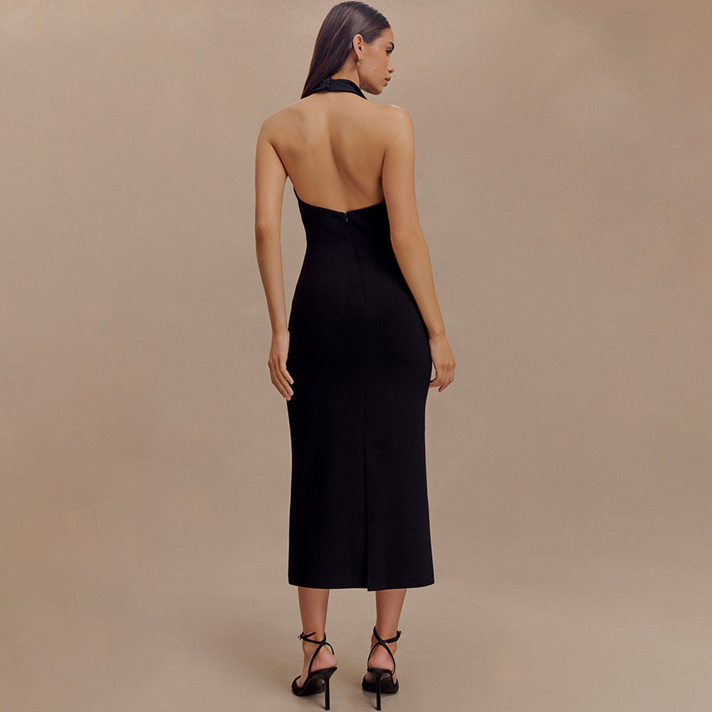 2025 New autumn new neck lapel hip-wrapped long dress fashionable and sexy sleeveless backless slim dress