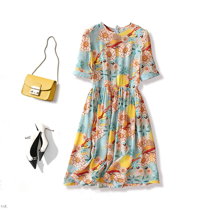 2025 Silk dress women's summer new casual versatile GAO end printed mulberry silk temperament women's mid-skirt