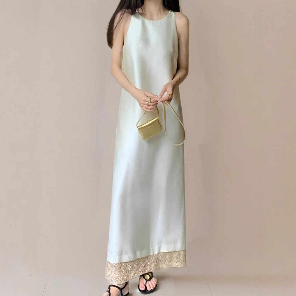 2025 satin neck-hanging thin dress women's clothing summer new high-end loose contrasting color dress