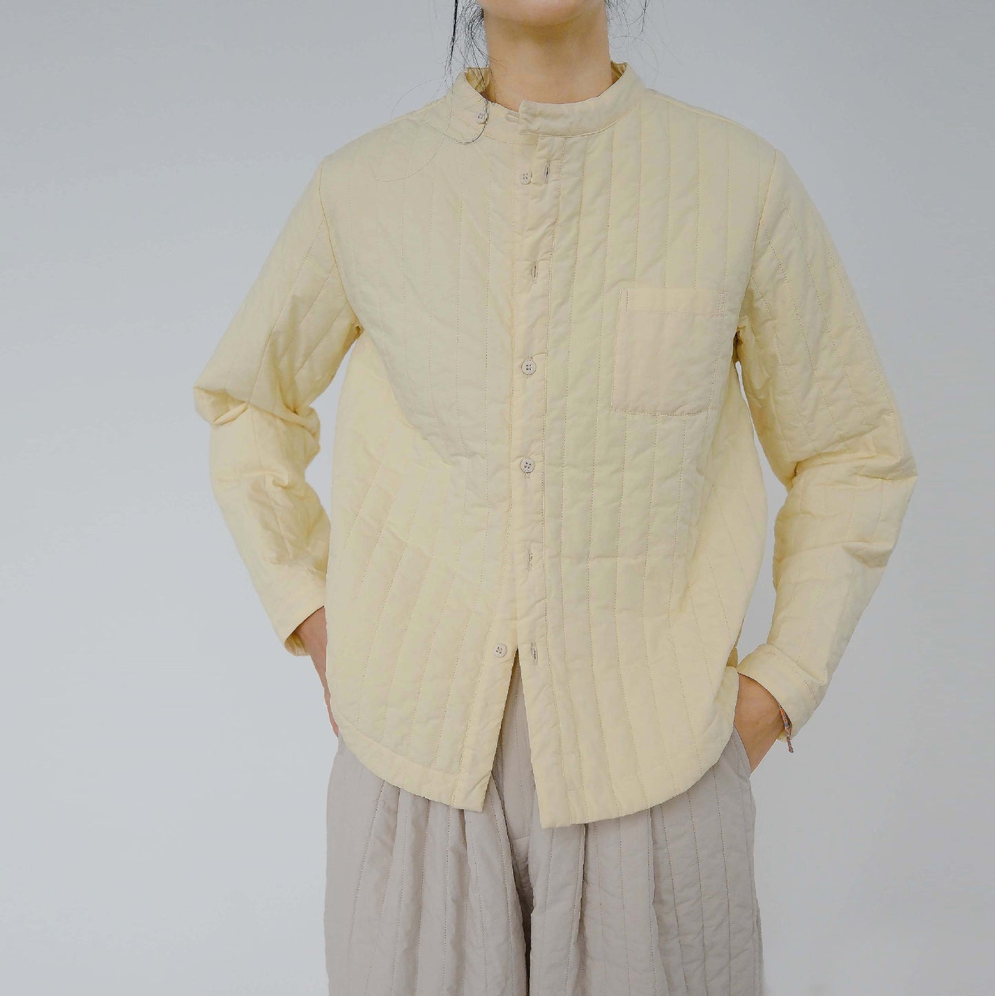 casual literary and artistic cotton paper stand-up collar thin padded shirt, striped quilting thread warm cotton-padded coat M22370