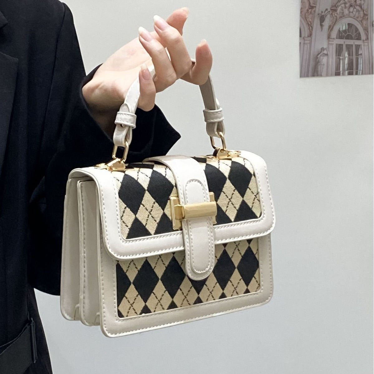 XAKXX 2025 Korean high-end handbag women's popular simple black and white plaid small square bag single shoulder messenger women's bag New